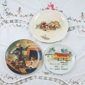 Knowles Plus 2 VINTAGE Decorative Plates Set - Cream, Brown, Blue MCM, VINTAGE